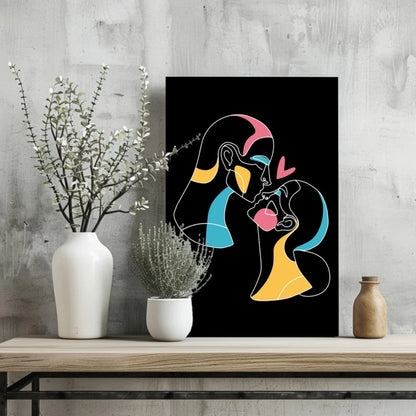 Vibrant Neon Love Embrace canvas print in electric blue and yellow