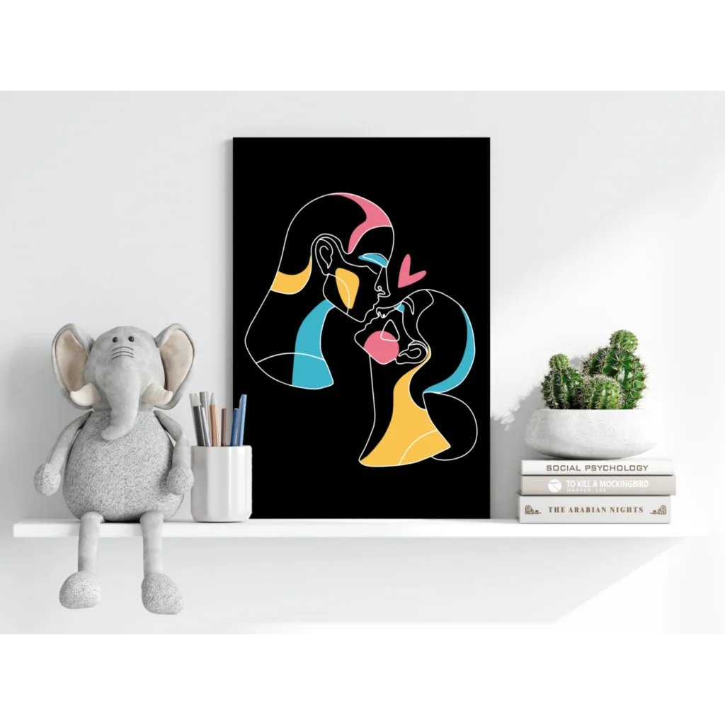 Colorful Neon Love Embrace abstract canvas print in electric blue and yellow