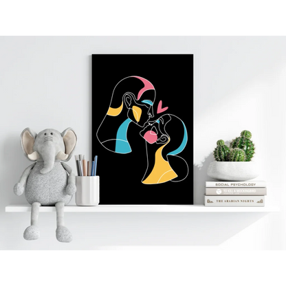 Colorful Neon Love Embrace abstract canvas print in electric blue and yellow