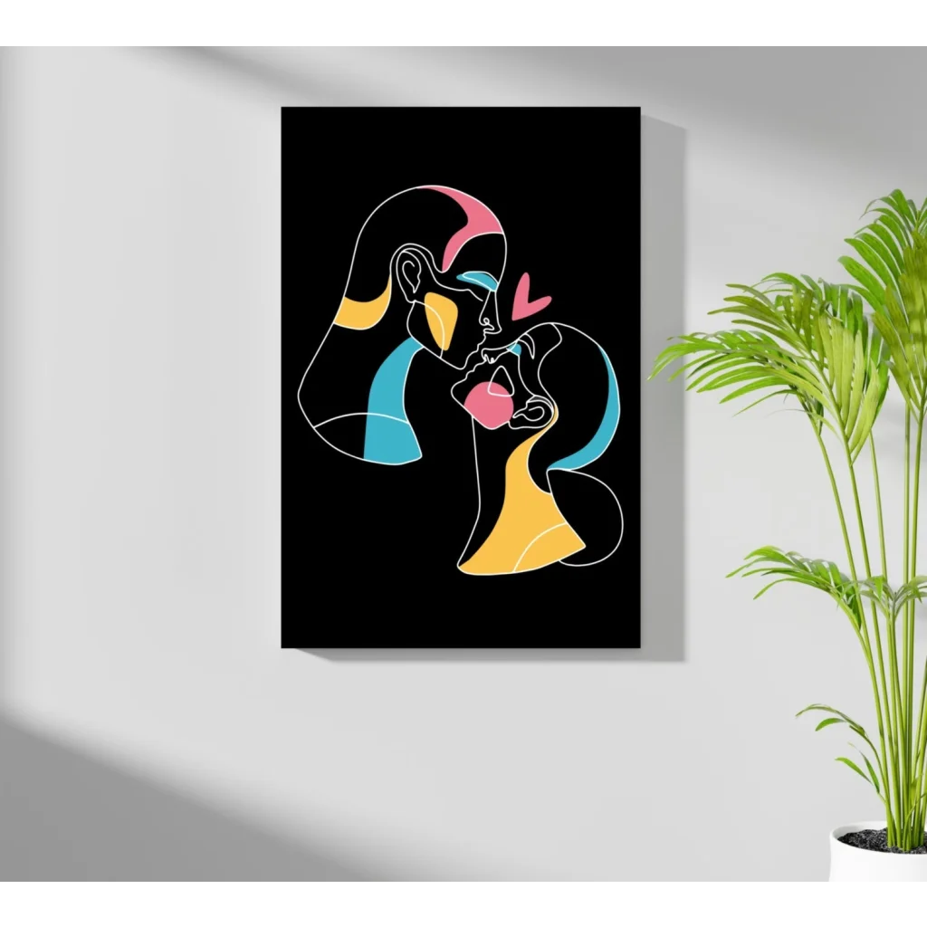 Vibrant Neon Love Embrace canvas print in electric blue and yellow