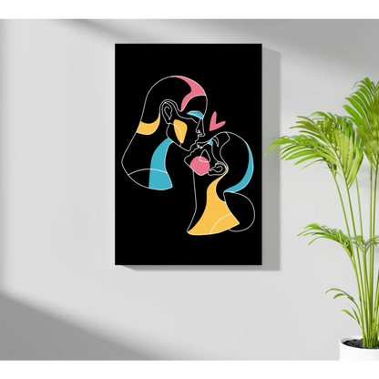 Vibrant Neon Love Embrace canvas print in electric blue and yellow