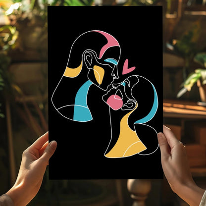 Black and white poster with colorful abstract faces on Neon Love Embrace canvas print