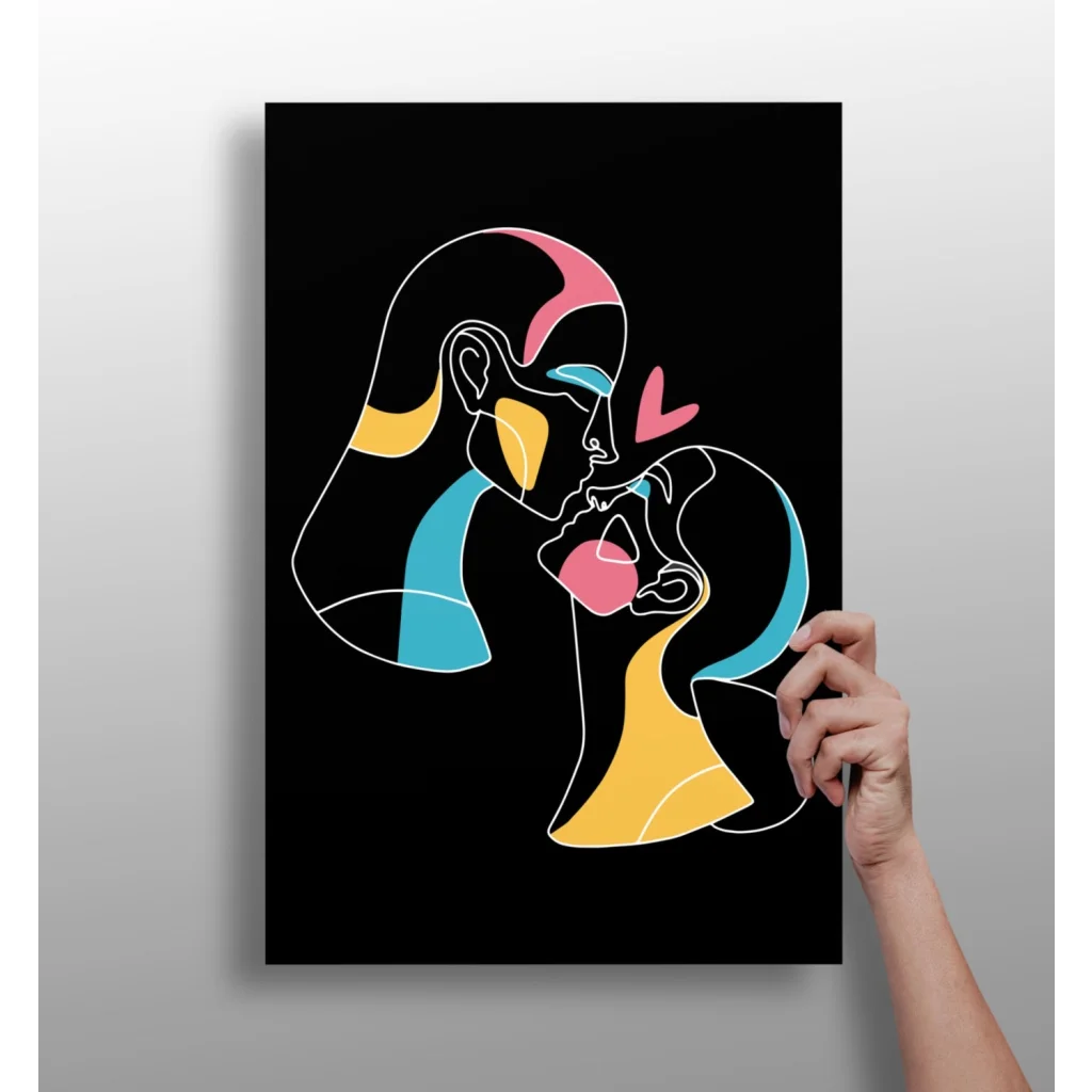 Neon couple poster on electric blue and yellow love embrace canvas print