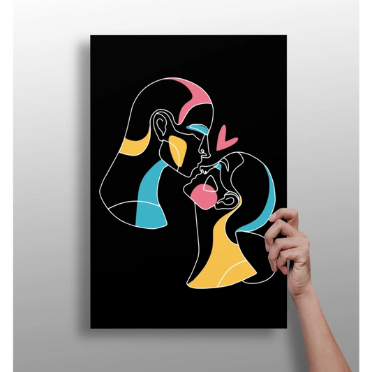 Neon couple poster on electric blue and yellow love embrace canvas print