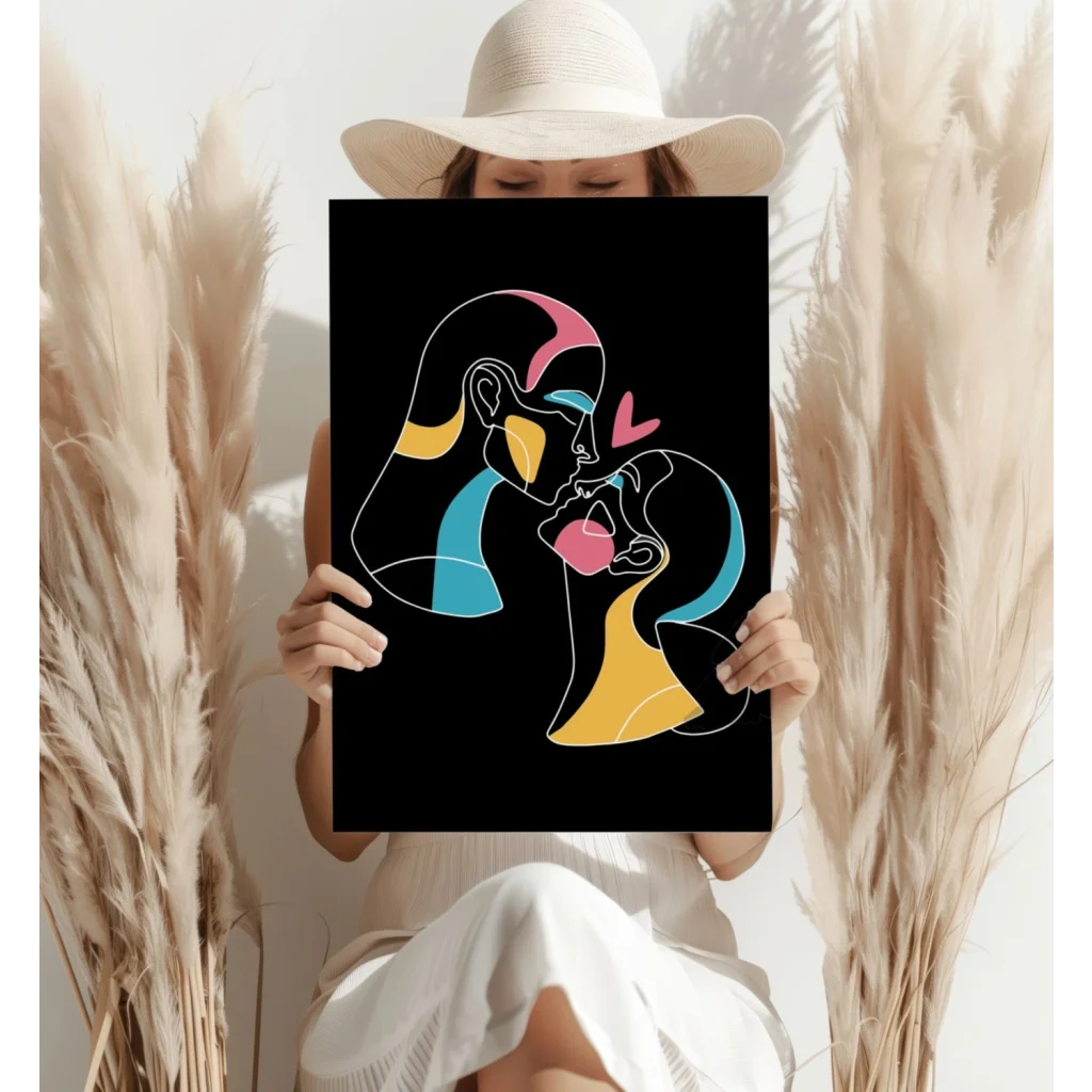 Black abstract print of two profile faces with colorful accents, heart motif on neon love embrace canvas in electric blue and yellow