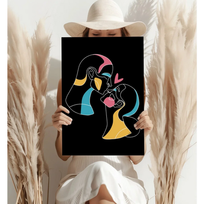 Black abstract print of two profile faces with colorful accents, heart motif on neon love embrace canvas in electric blue and yellow