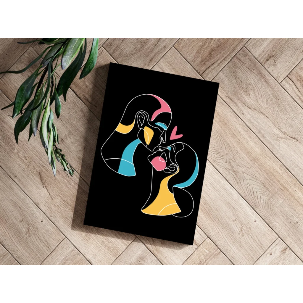 Vibrant Neon Love Embrace canvas print in electric blue and yellow