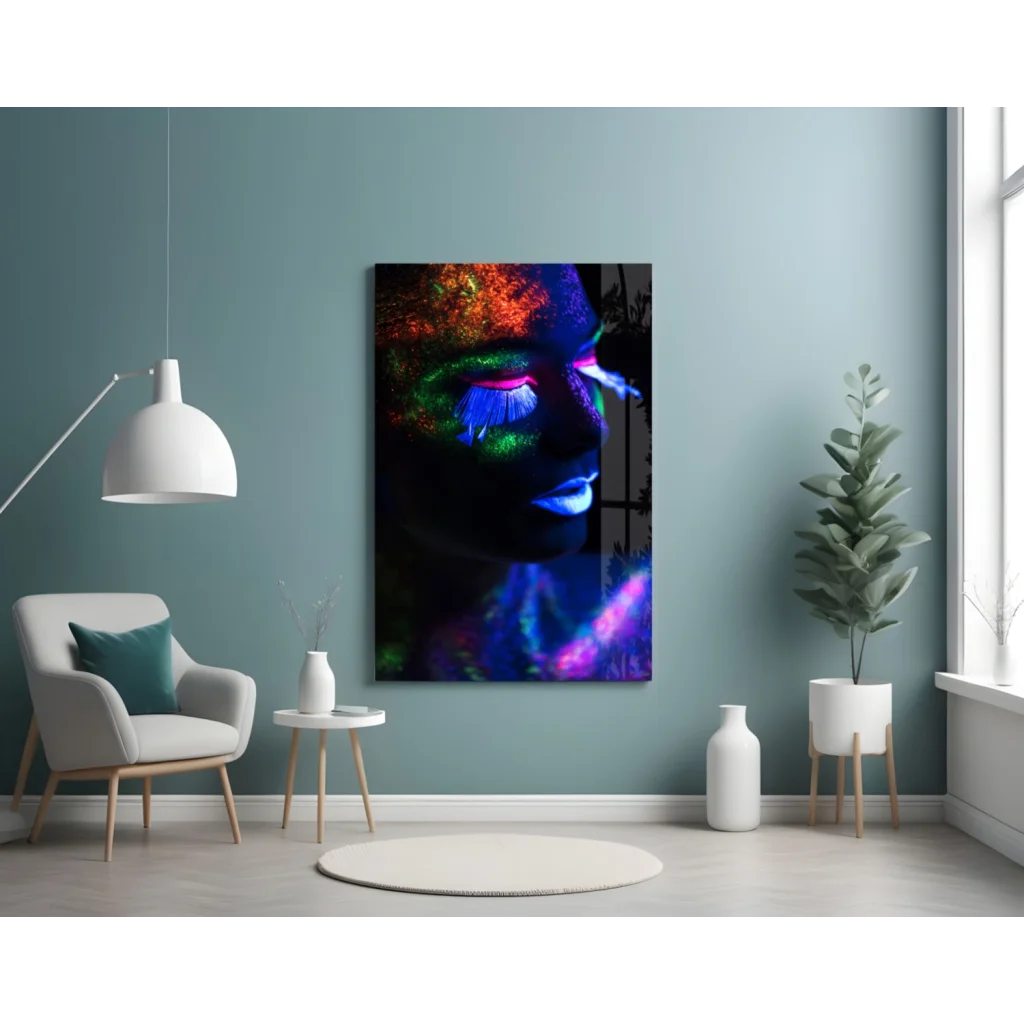 Vibrant neon glow portrait canvas wall art of womans face with blue green purple makeup