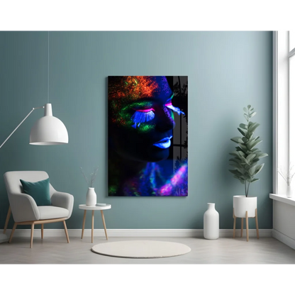 Vibrant neon glow portrait canvas wall art of womans face with blue green purple makeup