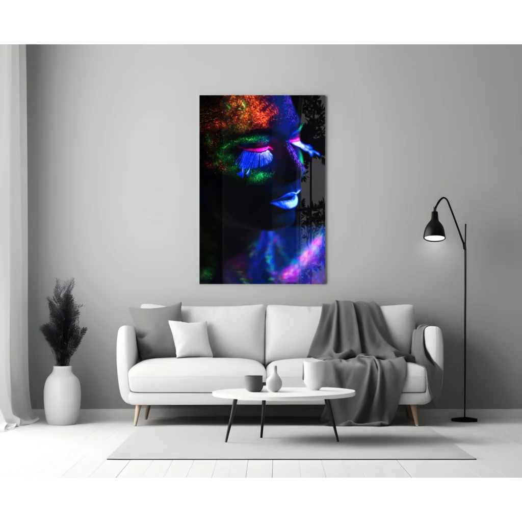 Vibrant neon glow portrait canvas wall art of womans face with rainbow hues