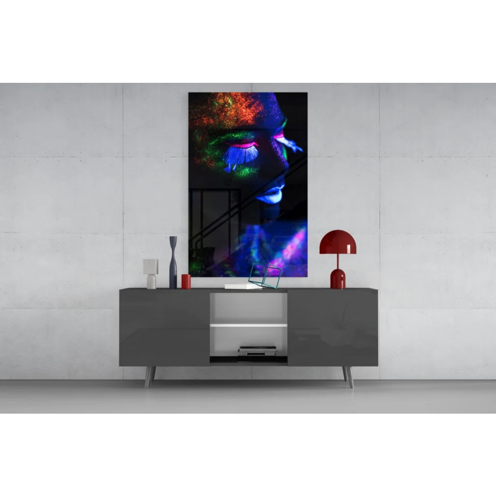 Vibrant neon glow portrait canvas wall art with blacklight effects