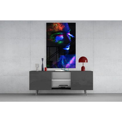 Vibrant neon glow portrait canvas wall art with blacklight effects