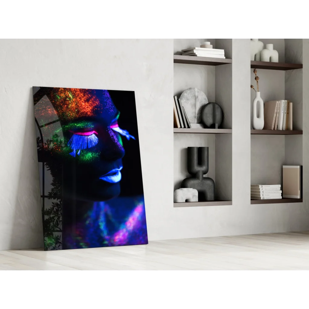 Vibrant neon glow portrait canvas wall art of womans face with blacklight effects