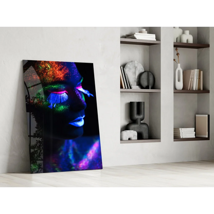 Vibrant neon glow portrait canvas wall art of womans face with blacklight effects