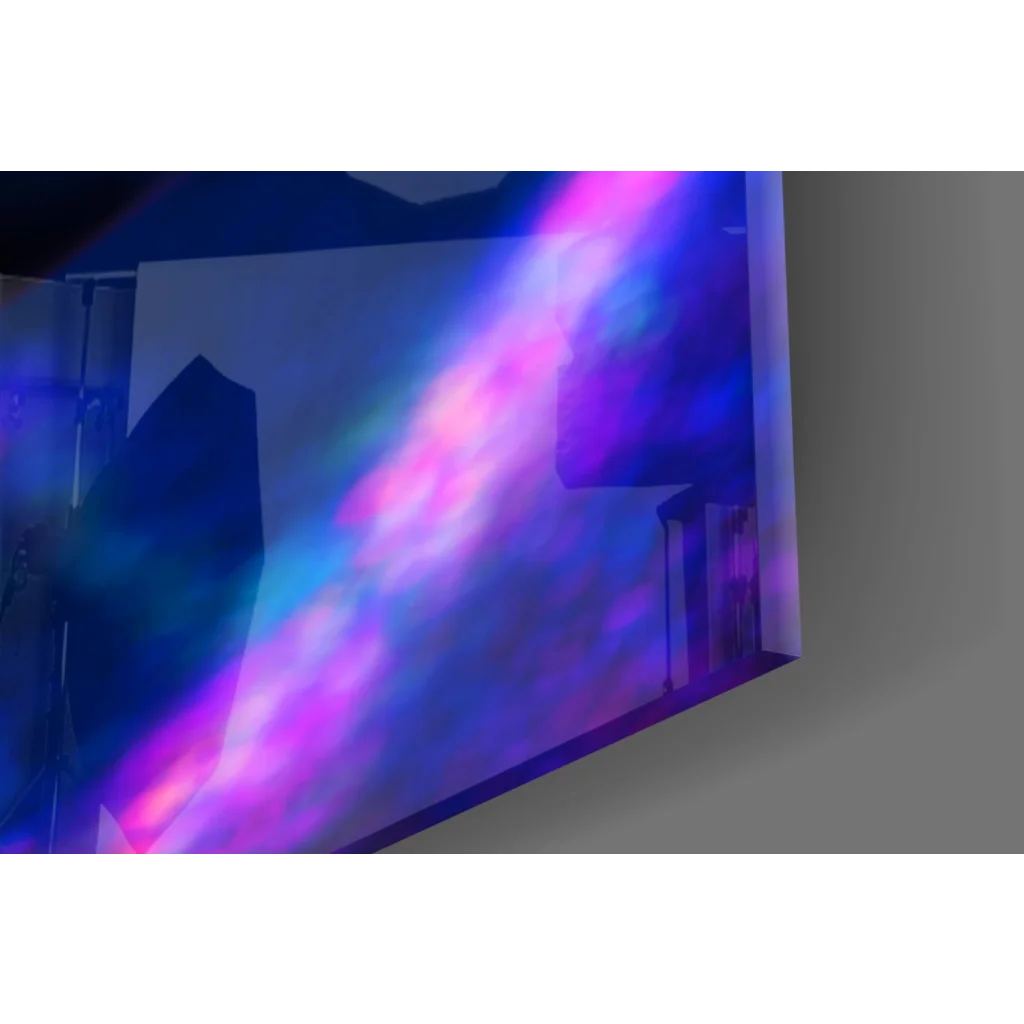 Sleek TV screen glowing with vibrant purple blue neon effects on wall art