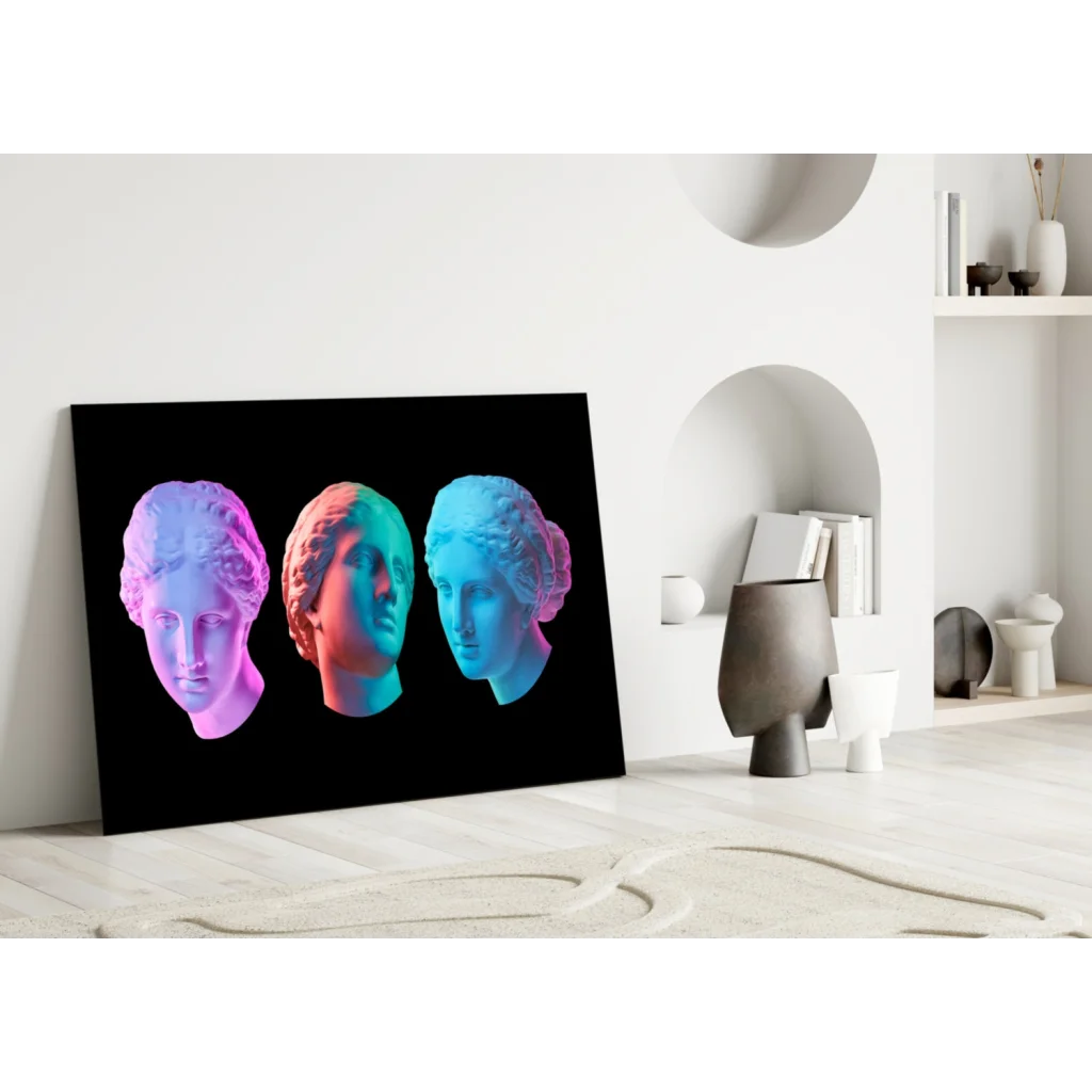 Black marble busts canvas wall art with neon pink red blue lights