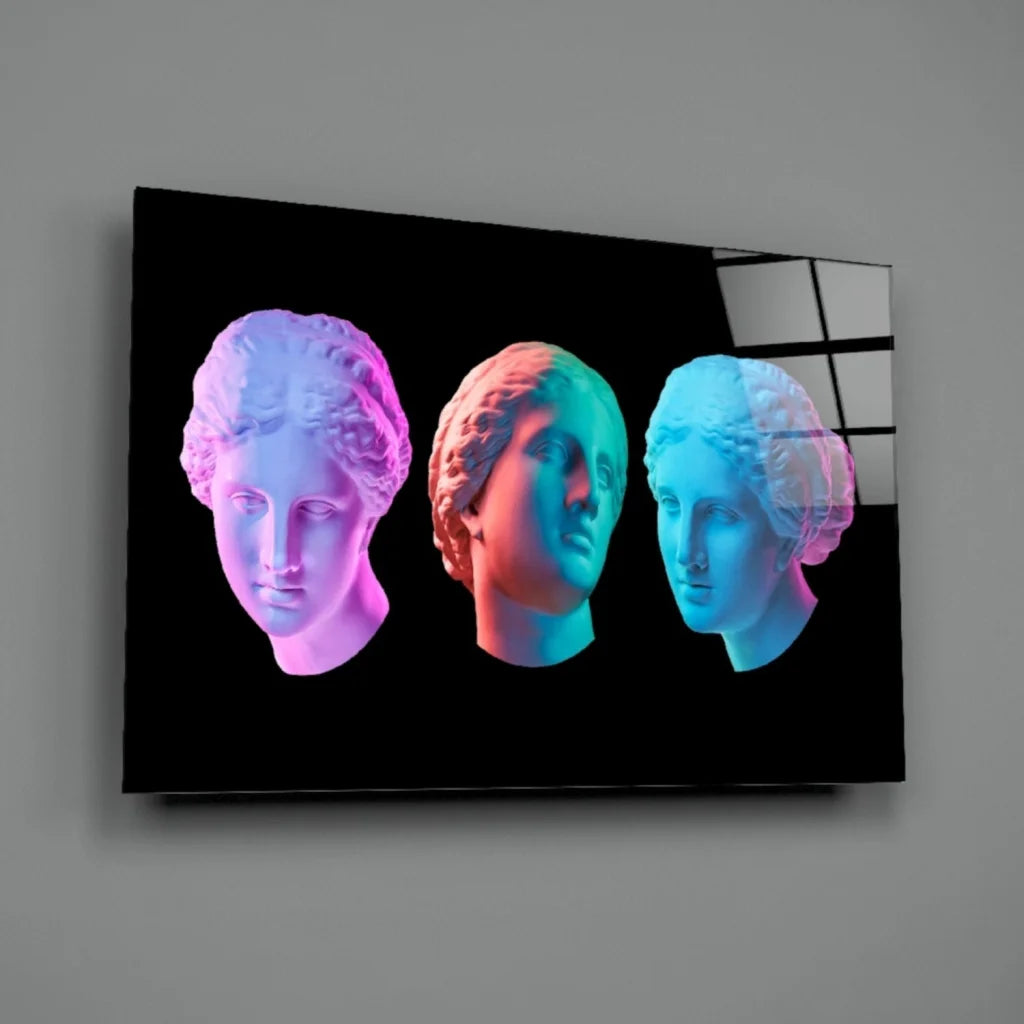 Vibrant neon marble busts canvas wall art in pink, red, blue profiles