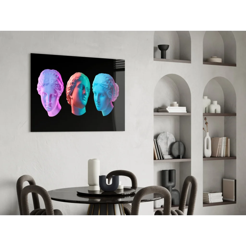 Sleek black-framed neon marble busts wall art in pink, teal, blue