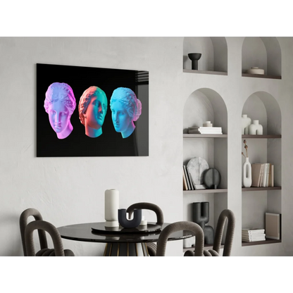 Sleek black-framed neon marble busts wall art in pink, teal, blue