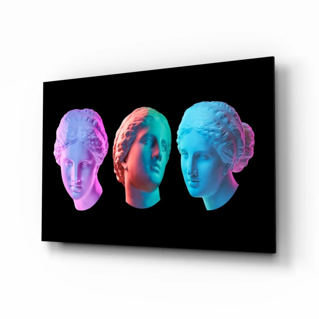 Neon marble busts canvas wall art in pink, red, blue hues