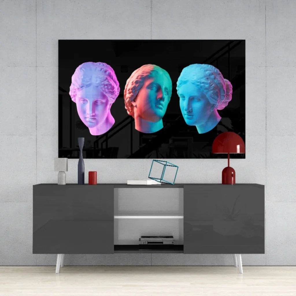 Neon marble busts canvas wall art in pink, red, blue