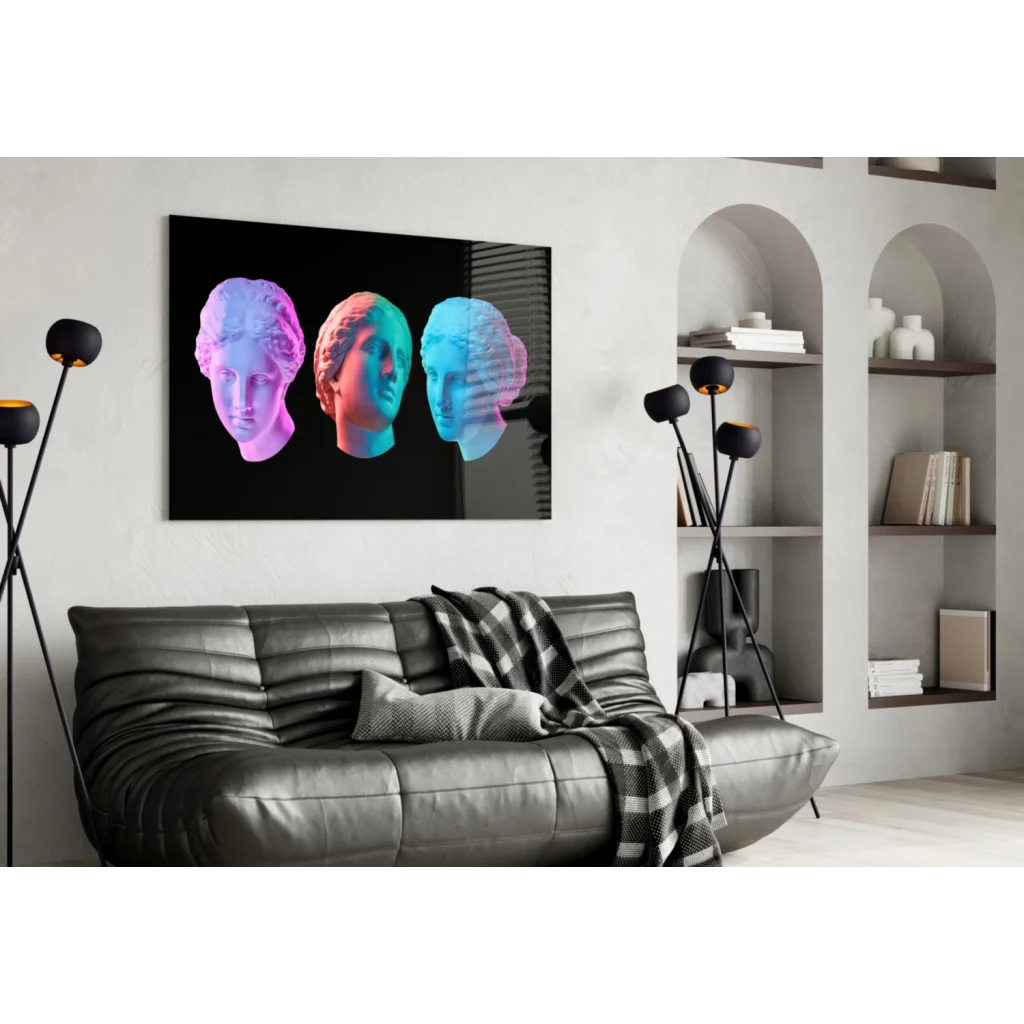 Vibrant neon pink red blue marble busts wall art on black background
