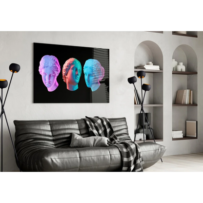 Vibrant neon pink red blue marble busts wall art on black background