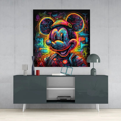 Neon Mickey Mouse Tempered Glass Art Panel | Contemporary Home Wall Art | vintageantiquesgifts.com