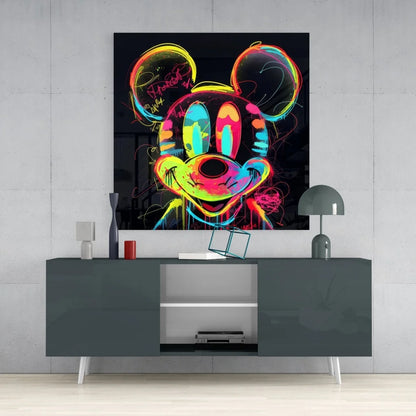 Neon Mickey Mouse Tempered Glass Art with Electric Graffiti Vibes | Contemporary Home Wall Art | vintageantiquesgifts.com