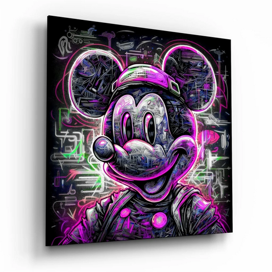Neon Mickey Mouse tempered glass art in pink and blue