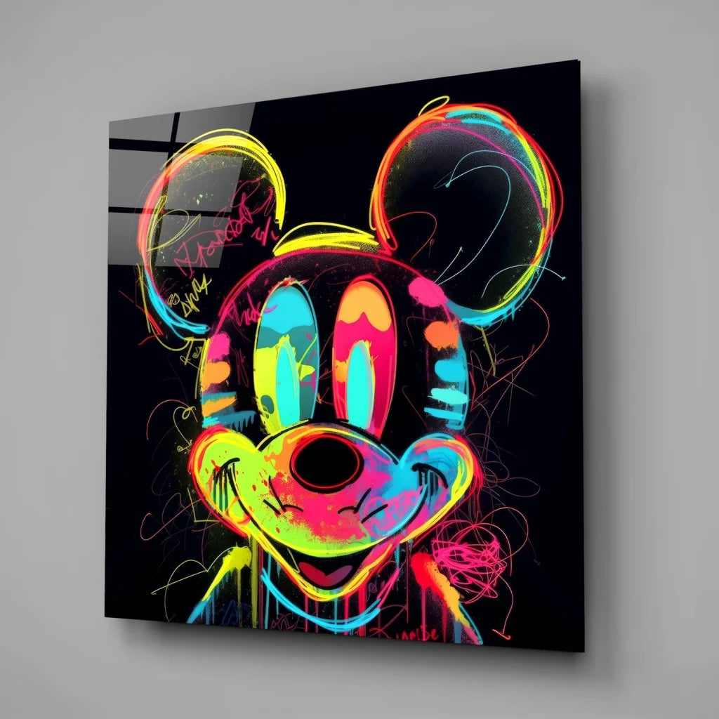 Neon Mickey Mouse Tempered Glass Art with Electric Graffiti Vibes | Glass Wall Art Print | vintageantiquesgifts.com