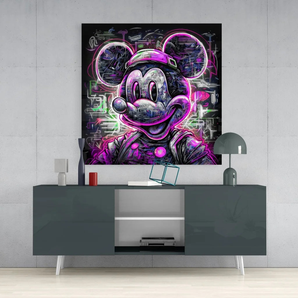 Neon Mickey Mouse tempered glass art in pink and purple glitch style