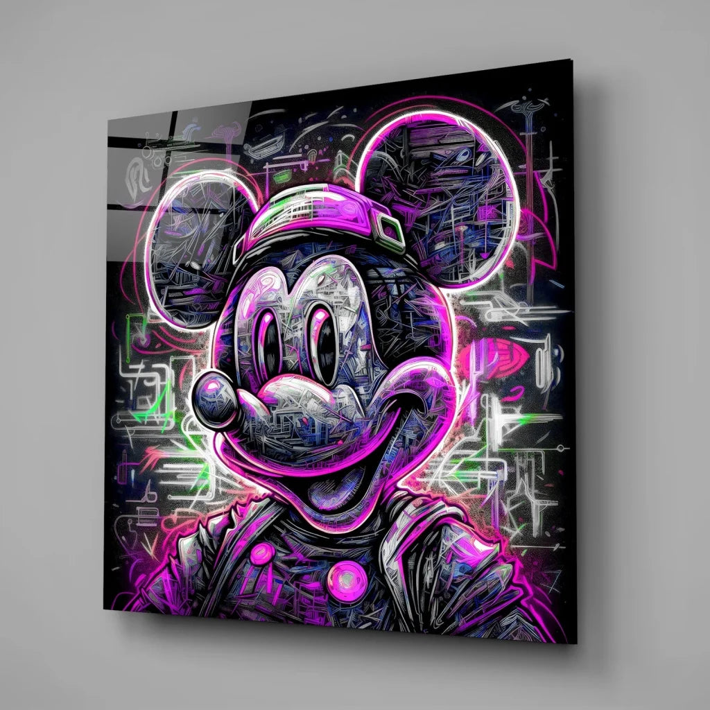 Neon Mickey Mouse tempered glass art in vibrant pink and purple
