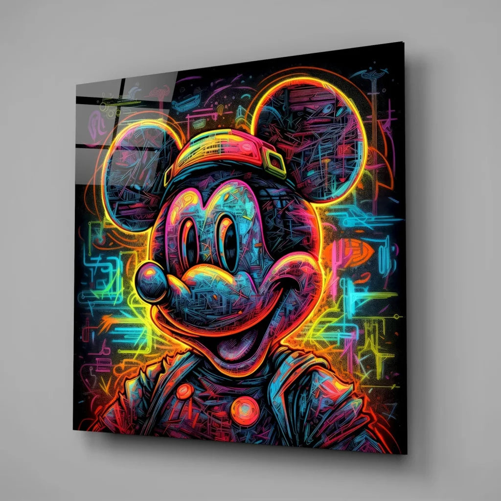Neon Mickey Mouse Tempered Glass Art Panel | Glass Wall Art Print | vintageantiquesgifts.com