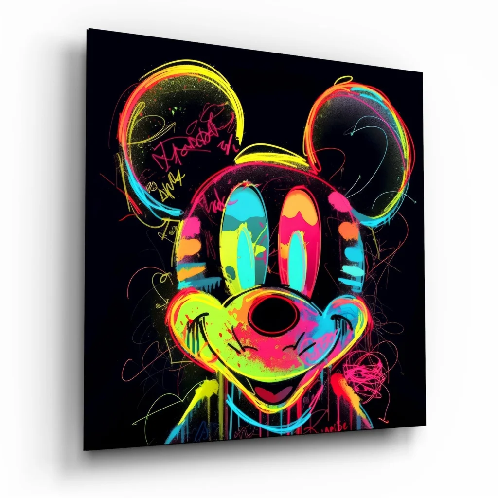 Neon Mickey Mouse Tempered Glass Art with Electric Graffiti Vibes | Insigneart USA | vintageantiquesgifts.com