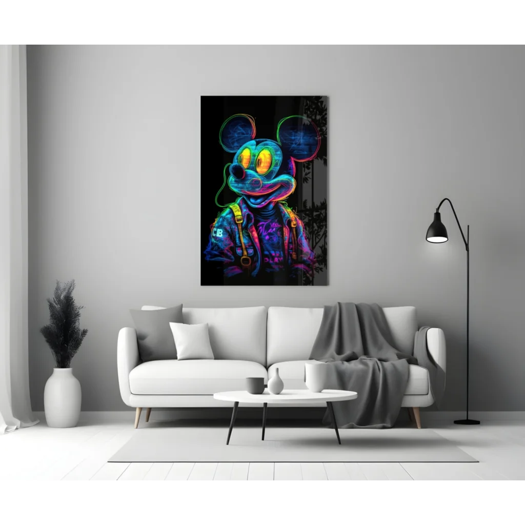 Vibrant Neon Mickey Mouse glass wall art canvas print