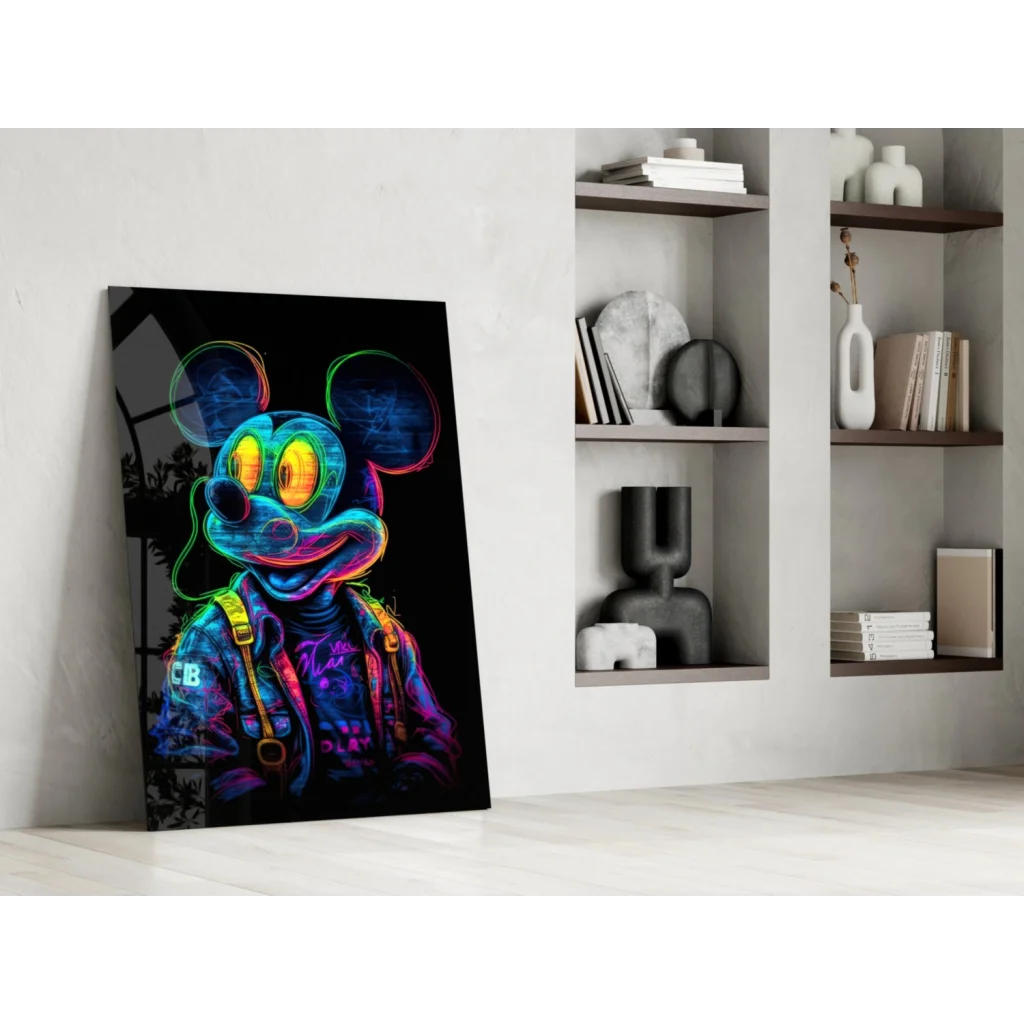 Vibrant neon Mickey Mouse glass wall art on black canvas