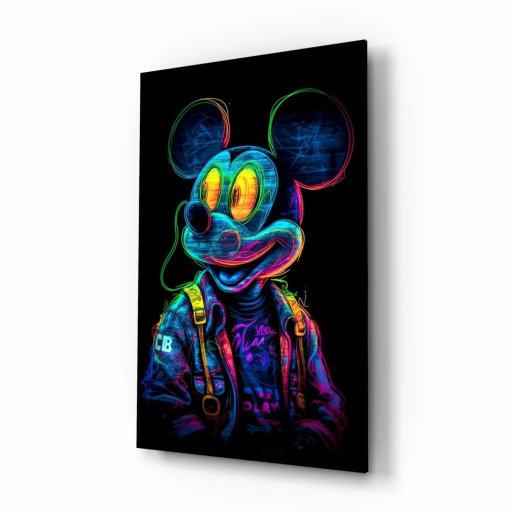 Vibrant Neon Mickey Mouse glass wall art canvas print