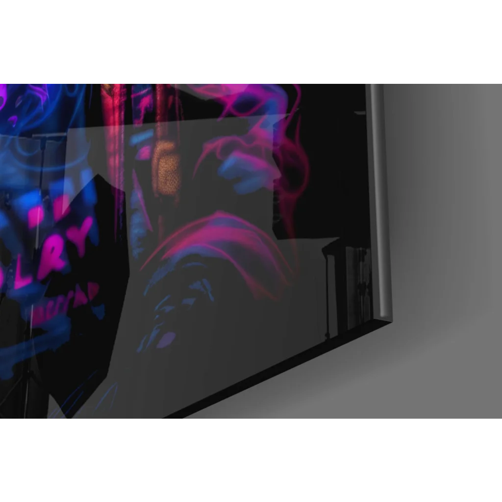 Neon Mickey Mouse glass wall art with glossy black TV design