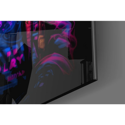 Neon Mickey Mouse glass wall art with glossy black TV design