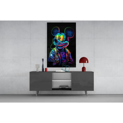 Neon Mickey Mouse glass wall art on black background