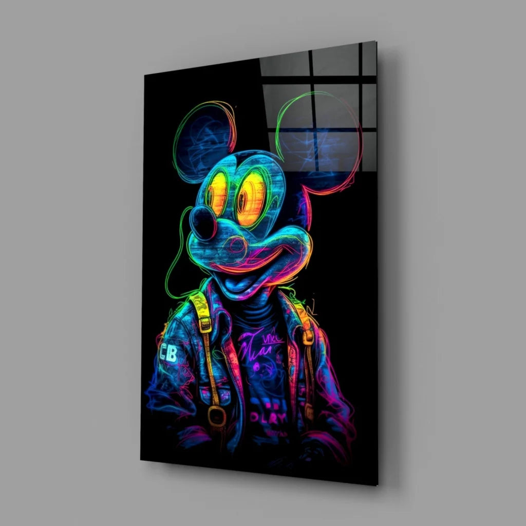 Vibrant neon Mickey Mouse glass wall art canvas print