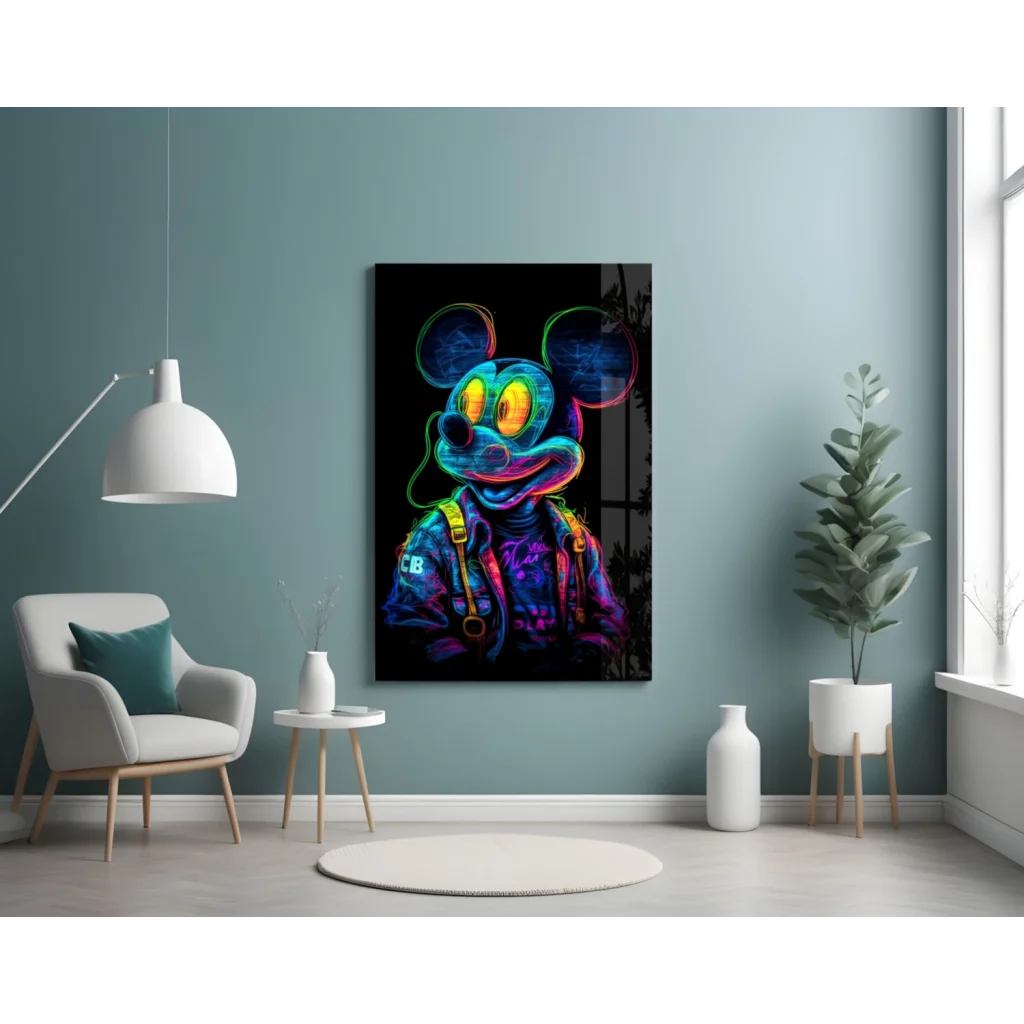 Vibrant Neon Mickey Mouse Glass Wall Art Canvas Print