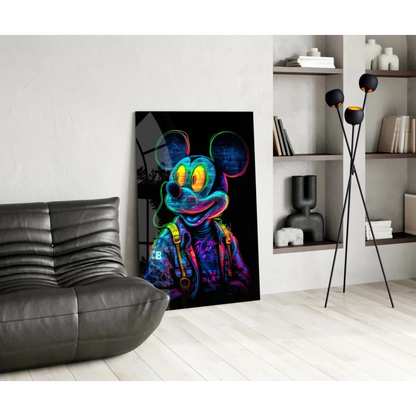 Neon Mickey Mouse glass wall art on black background