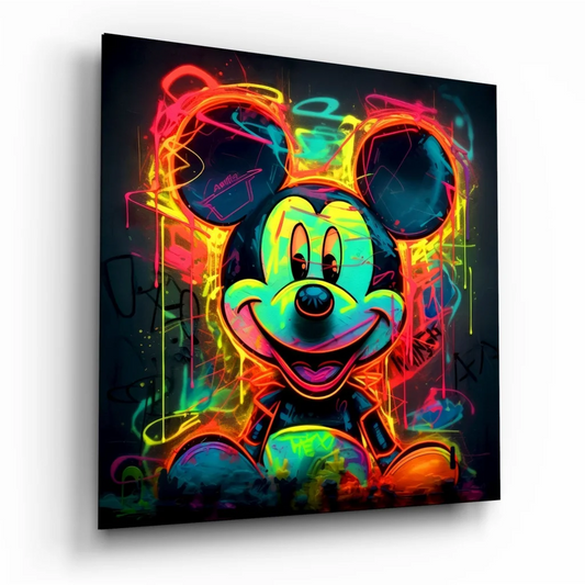 Vibrant neon Mickey Mouse tempered glass art with graffiti design