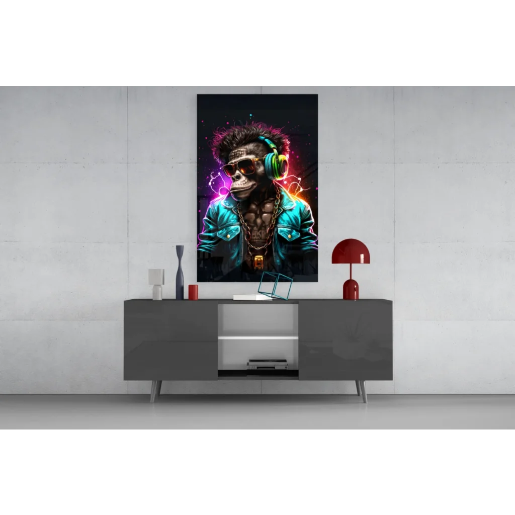 Vibrant neon-lit glass wall art of monkey DJ with headphones and shades