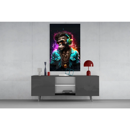 Vibrant neon-lit glass wall art of monkey DJ with headphones and shades