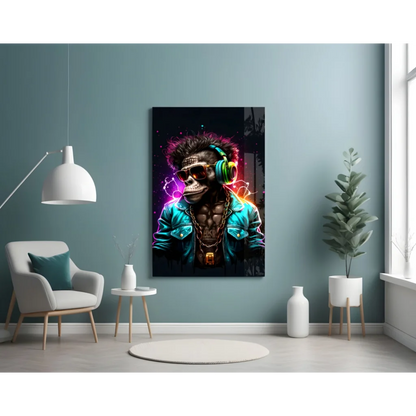 Neon Monkey DJ Glass Wall Art With Headphones and Shades | Contemporary Home Wall Art | vintageantiquesgifts.com