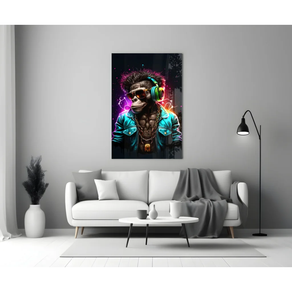 Neon Monkey DJ Glass Wall Art With Headphones and Shades | Modern Wall Art Decor | vintageantiquesgifts.com