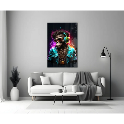 Neon Monkey DJ Glass Wall Art With Headphones and Shades | Modern Wall Art Decor | vintageantiquesgifts.com